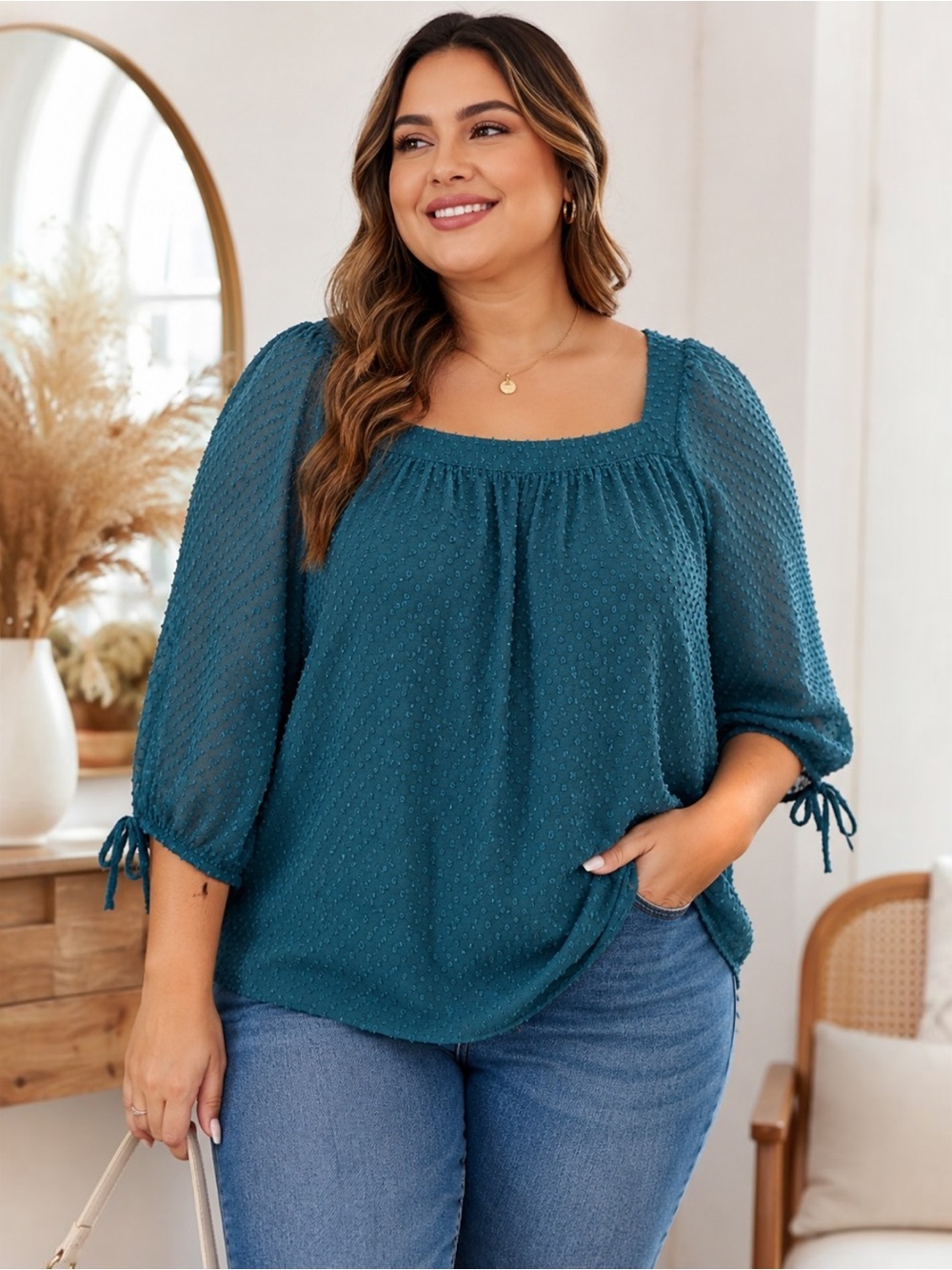 LC Lauren Conrad XXL Teal Swiss Dot Square Neck Blouse 3/4 Balloon Sleeve
